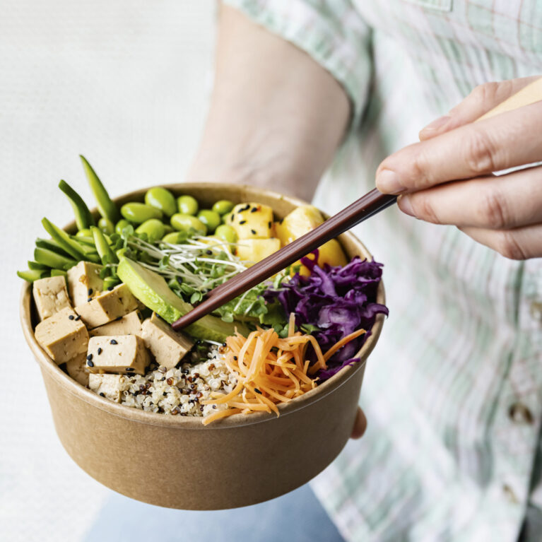 Takeaway vegan poke bowl photography