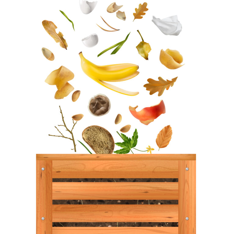 Realistic compost composition with front view of wooden pallet box with falling vegetable peel dead leaves vector illustration